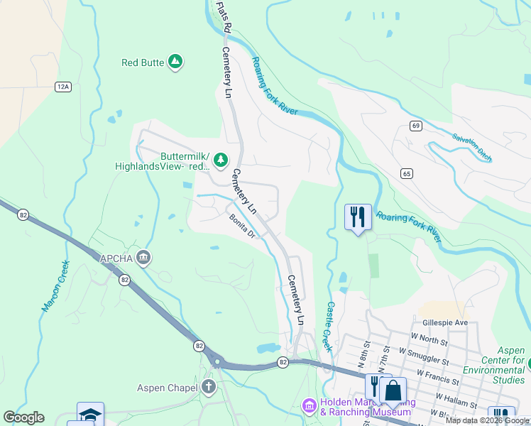 map of restaurants, bars, coffee shops, grocery stores, and more near 1215 Snowbunny Lane in Aspen