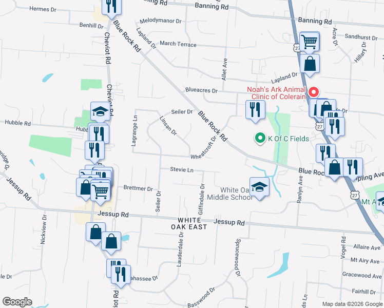 map of restaurants, bars, coffee shops, grocery stores, and more near 3250 Linsan Drive in Cincinnati