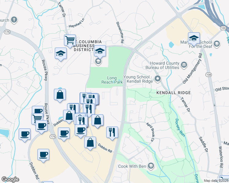 map of restaurants, bars, coffee shops, grocery stores, and more near 6110 Honeycomb Gate in Columbia