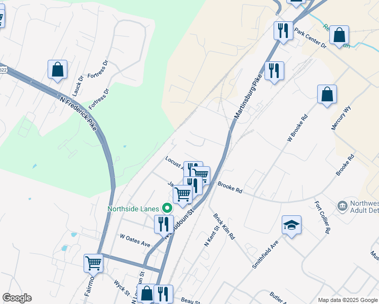 map of restaurants, bars, coffee shops, grocery stores, and more near 112 Star Fort Drive in Winchester