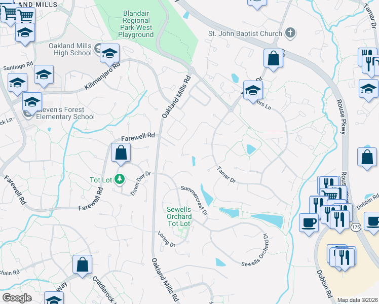 map of restaurants, bars, coffee shops, grocery stores, and more near 6179 Campfire in Columbia