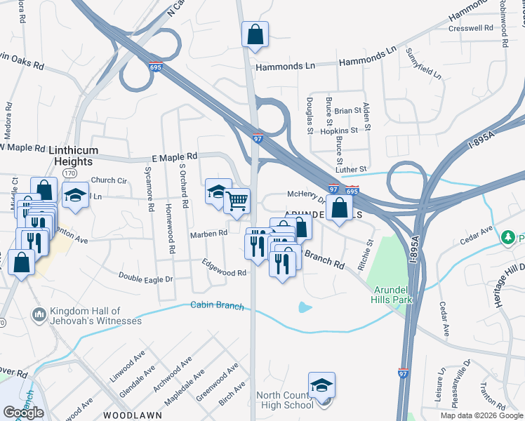 map of restaurants, bars, coffee shops, grocery stores, and more near 1133 Armistead Street in Glen Burnie