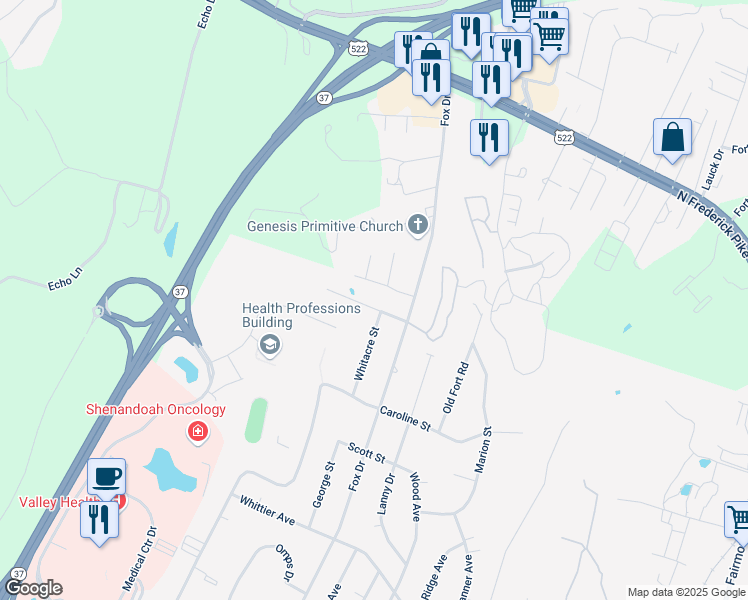map of restaurants, bars, coffee shops, grocery stores, and more near 1600 Pondview Drive in Winchester