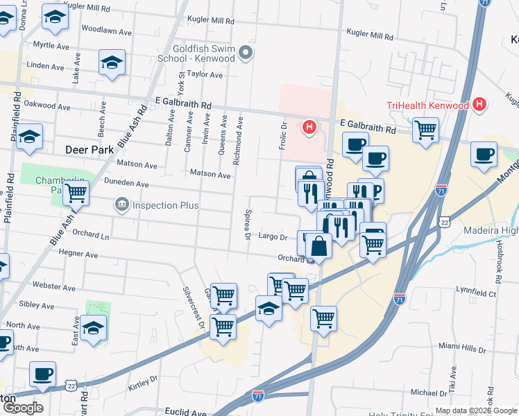 map of restaurants, bars, coffee shops, grocery stores, and more near 7840 Styrax Lane in Cincinnati