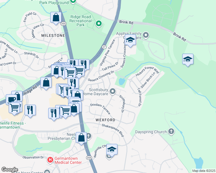 map of restaurants, bars, coffee shops, grocery stores, and more near 21102 Tall Cedar Way in Germantown