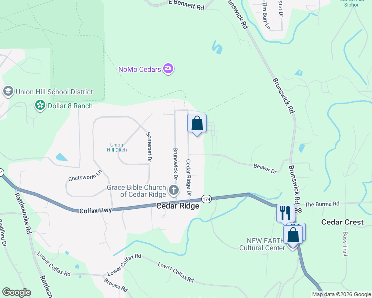 map of restaurants, bars, coffee shops, grocery stores, and more near 11218 Cedar Ridge Drive in Grass Valley