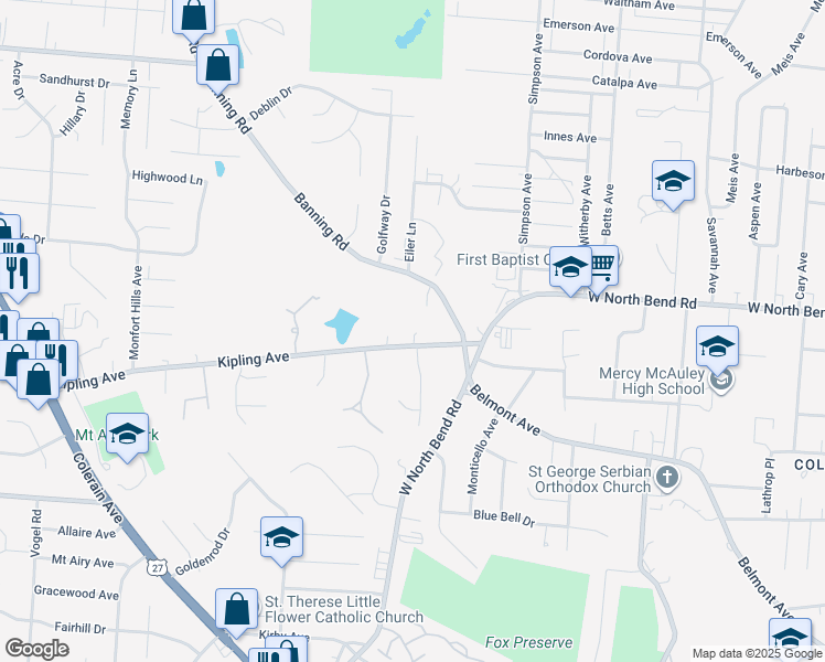 map of restaurants, bars, coffee shops, grocery stores, and more near 2244 Kipling Avenue in Cincinnati