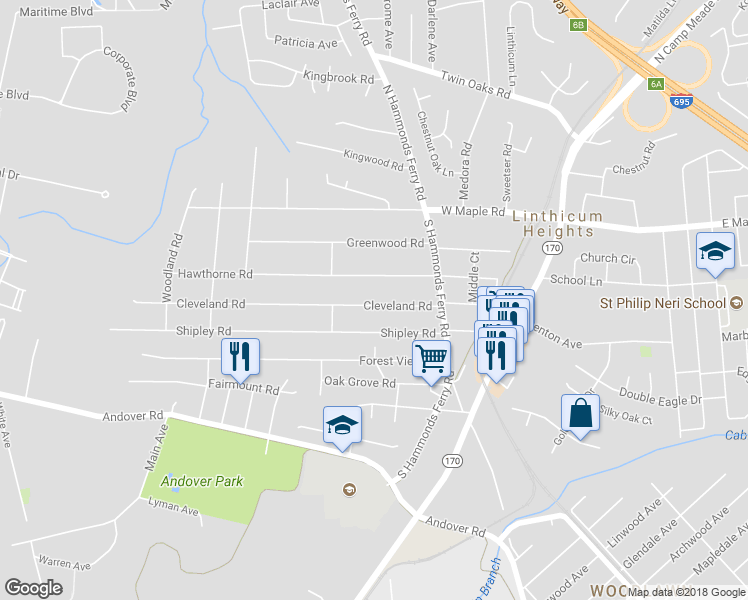 map of restaurants, bars, coffee shops, grocery stores, and more near 428 Cleveland Road in Linthicum Heights