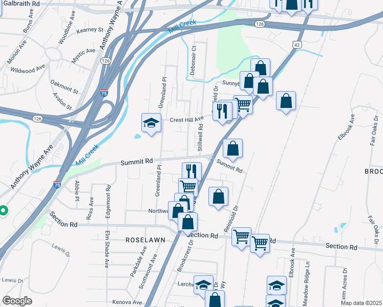 map of restaurants, bars, coffee shops, grocery stores, and more near 1644 Summit Road in Cincinnati