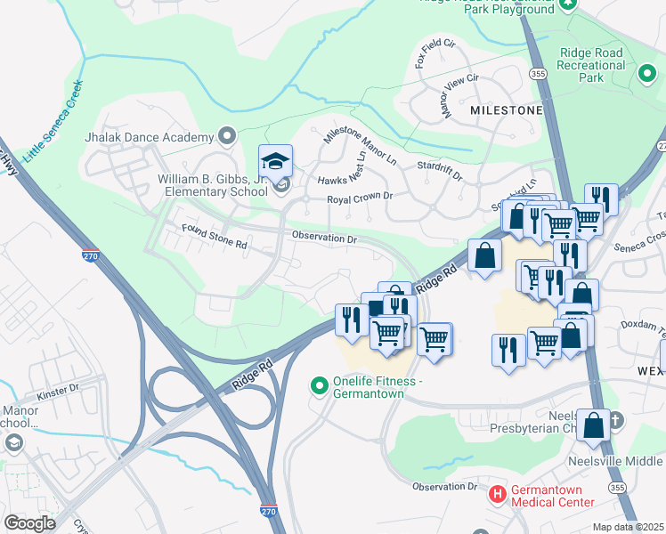 map of restaurants, bars, coffee shops, grocery stores, and more near 12434 Great Park Circle in Germantown