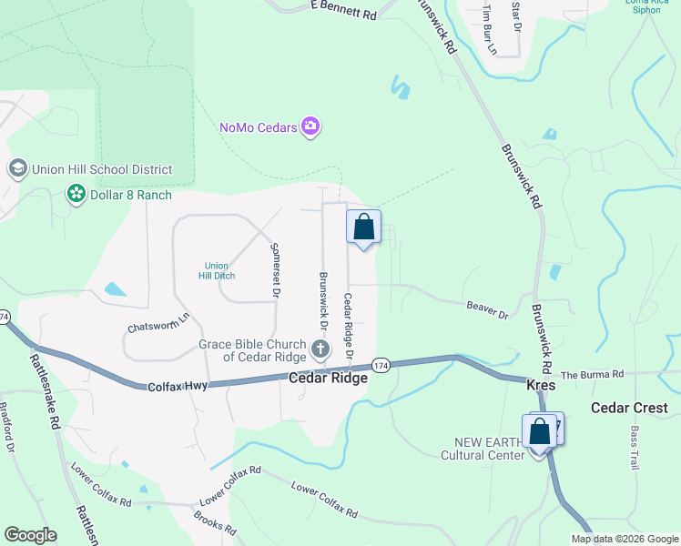 map of restaurants, bars, coffee shops, grocery stores, and more near 11218 Cedar Ridge Drive in Grass Valley