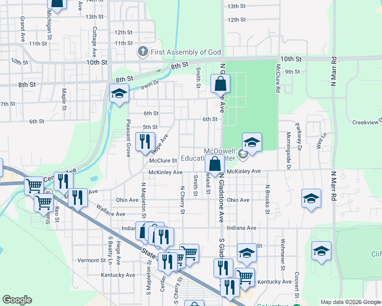 map of restaurants, bars, coffee shops, grocery stores, and more near 362 Smith Street in Columbus