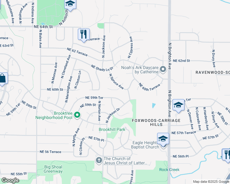 map of restaurants, bars, coffee shops, grocery stores, and more near 4225 Northeast 60th Court in Kansas City
