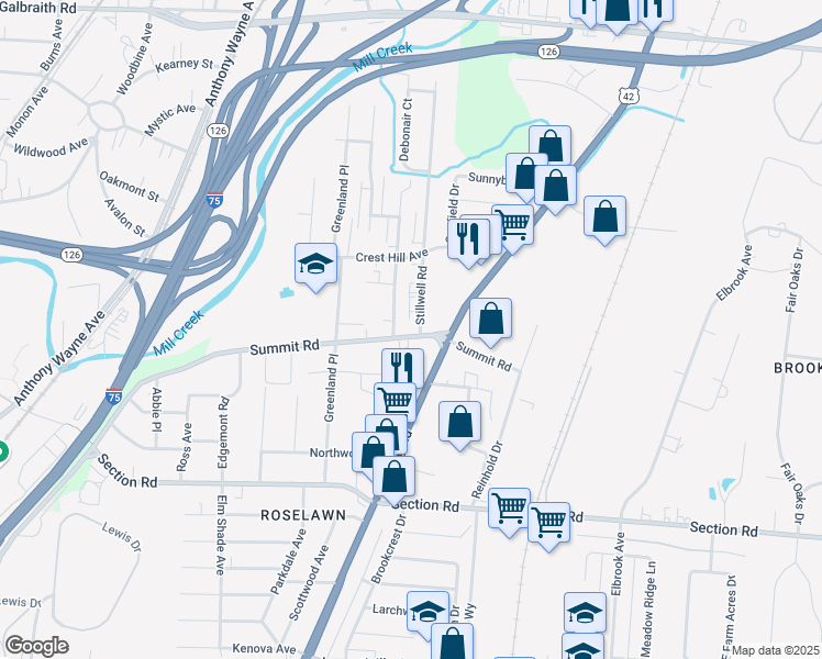 map of restaurants, bars, coffee shops, grocery stores, and more near 1644 Summit Road in Cincinnati