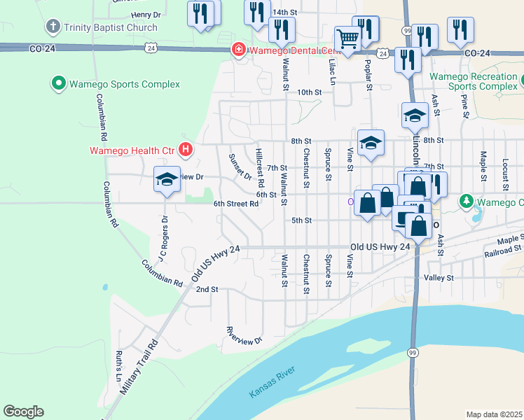 map of restaurants, bars, coffee shops, grocery stores, and more near 506 Sycamore Drive in Wamego
