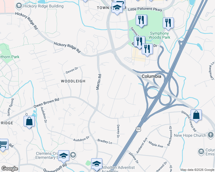 map of restaurants, bars, coffee shops, grocery stores, and more near 6110 Loventree Road in Columbia