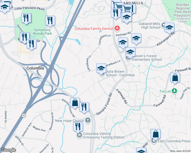 map of restaurants, bars, coffee shops, grocery stores, and more near 9776 Owen Brown Rd in Columbia