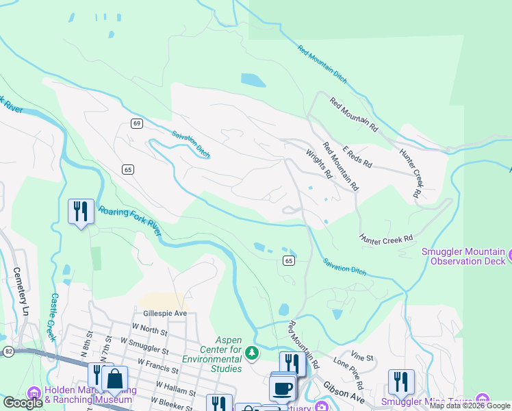 map of restaurants, bars, coffee shops, grocery stores, and more near 319 Twin Ridge Drive in Aspen