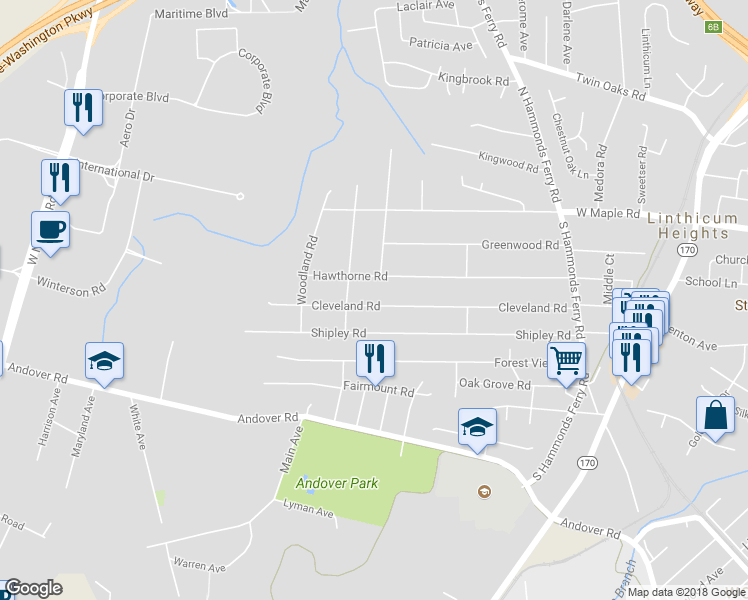map of restaurants, bars, coffee shops, grocery stores, and more near 544 Cleveland Road in Linthicum Heights