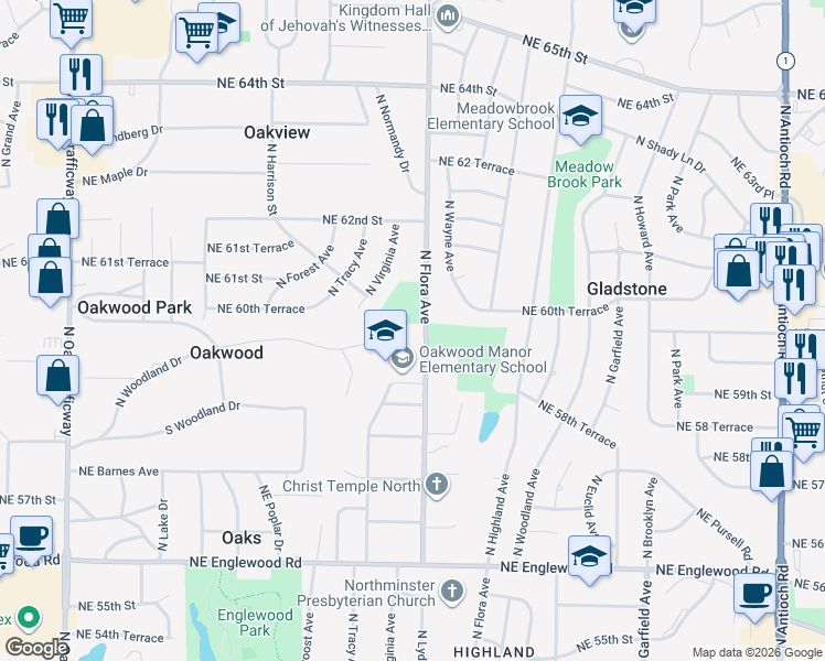 map of restaurants, bars, coffee shops, grocery stores, and more near 5940 North Flora Avenue in Gladstone