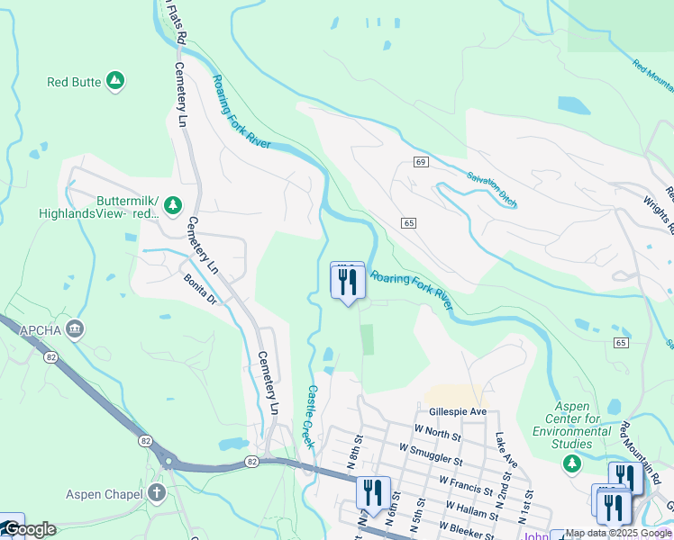 map of restaurants, bars, coffee shops, grocery stores, and more near 870 Meadows Road in Aspen
