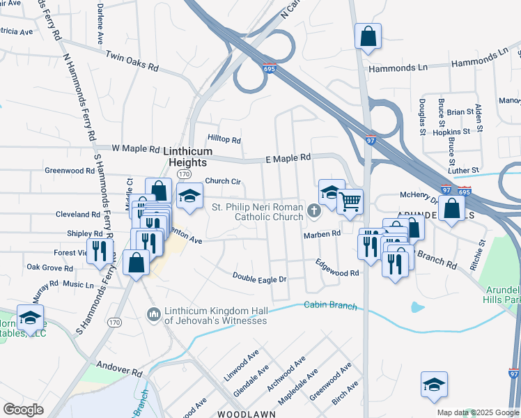 map of restaurants, bars, coffee shops, grocery stores, and more near 202 Sycamore Road in Linthicum Heights