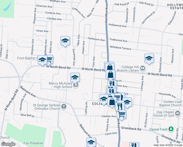 map of restaurants, bars, coffee shops, grocery stores, and more near 6119 Cary Avenue in Cincinnati