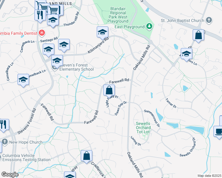 map of restaurants, bars, coffee shops, grocery stores, and more near 9334 Ourtime Lane in Columbia