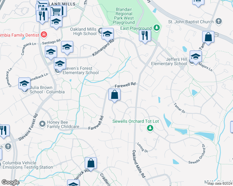 map of restaurants, bars, coffee shops, grocery stores, and more near 9334 Ourtime Lane in Columbia