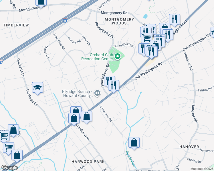 map of restaurants, bars, coffee shops, grocery stores, and more near 6391 Rowanberry Drive in Elkridge