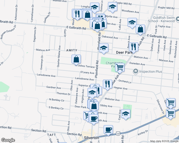 map of restaurants, bars, coffee shops, grocery stores, and more near 4042 O'Leary Avenue in Cincinnati