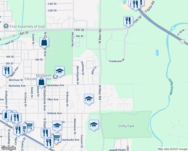 map of restaurants, bars, coffee shops, grocery stores, and more near 420 Wint Lane in Columbus