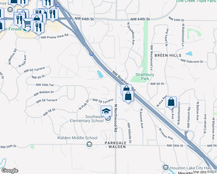 map of restaurants, bars, coffee shops, grocery stores, and more near 5961 North London Avenue in Kansas City