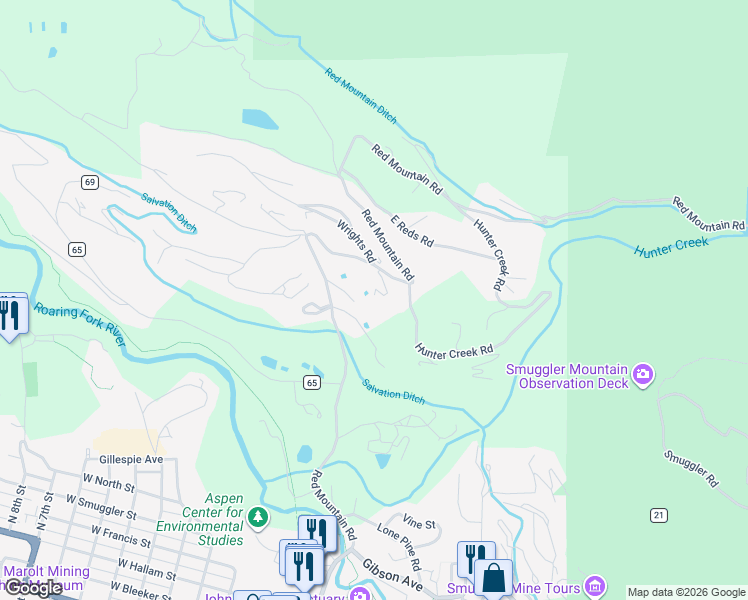 map of restaurants, bars, coffee shops, grocery stores, and more near 34-130 Placer Ln in Aspen