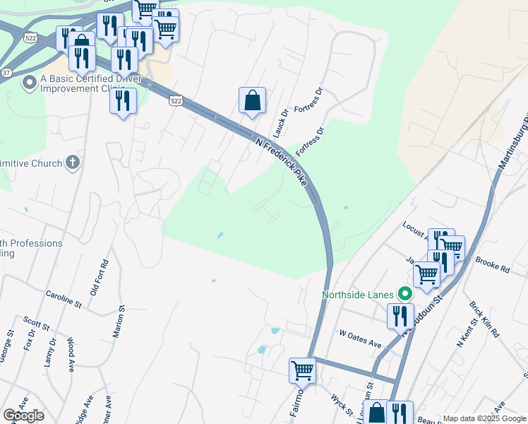 map of restaurants, bars, coffee shops, grocery stores, and more near Pawn Court in Frederick County