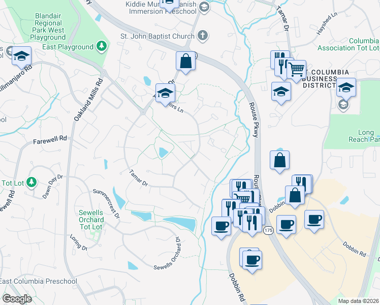 map of restaurants, bars, coffee shops, grocery stores, and more near 6160 Majors Lane in Columbia