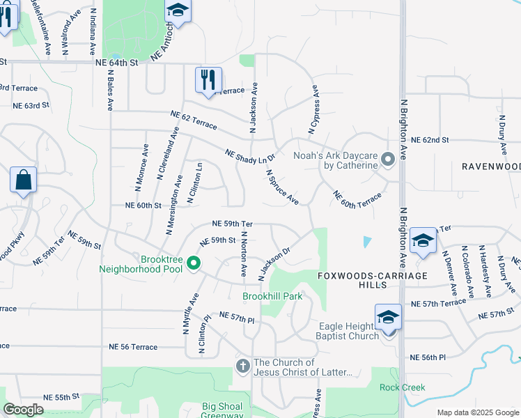 map of restaurants, bars, coffee shops, grocery stores, and more near 4209 Northeast 60th Court in Kansas City