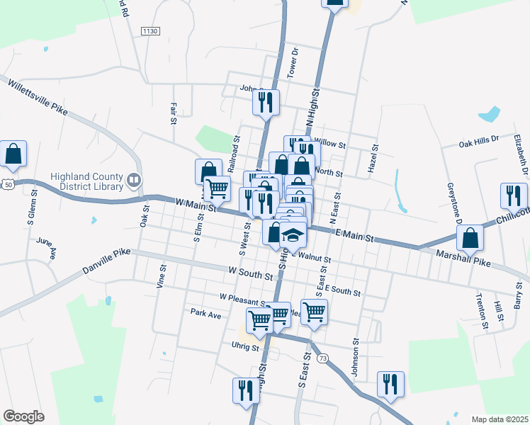 map of restaurants, bars, coffee shops, grocery stores, and more near 134 West Main Street in Hillsboro