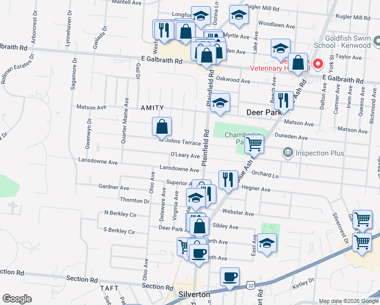 map of restaurants, bars, coffee shops, grocery stores, and more near 4042 O'Leary Avenue in Cincinnati
