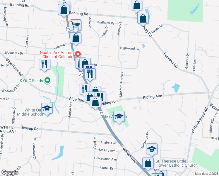map of restaurants, bars, coffee shops, grocery stores, and more near 2618 Chesterfield Court in Cincinnati