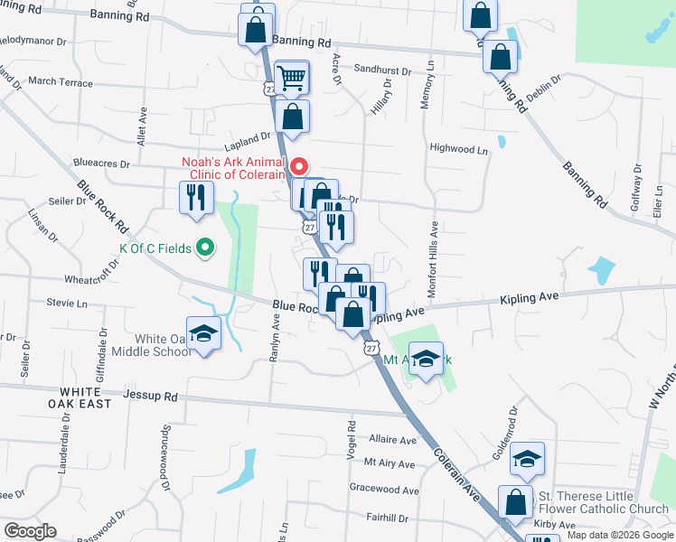 map of restaurants, bars, coffee shops, grocery stores, and more near 5944 Colerain Avenue in Cincinnati