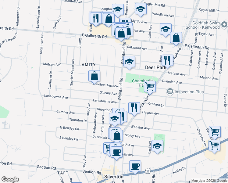 map of restaurants, bars, coffee shops, grocery stores, and more near 4042 O'Leary Avenue in Cincinnati