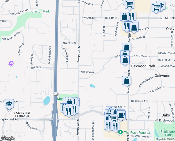 map of restaurants, bars, coffee shops, grocery stores, and more near 206 Northwest 59th Place in Kansas City