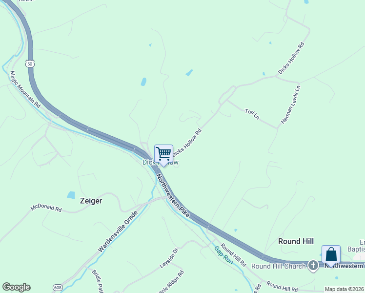 map of restaurants, bars, coffee shops, grocery stores, and more near 177 Dicks Hollow Road in Winchester