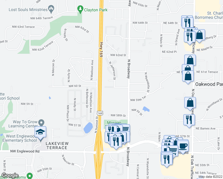 map of restaurants, bars, coffee shops, grocery stores, and more near 751 Northwest 60th Street in Kansas City