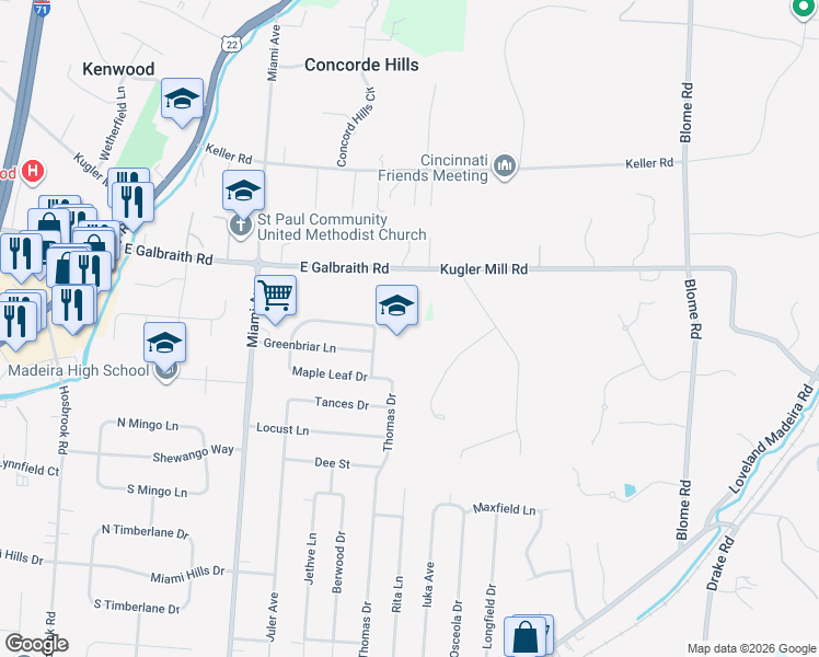 map of restaurants, bars, coffee shops, grocery stores, and more near 7840 Thomas Drive in Cincinnati
