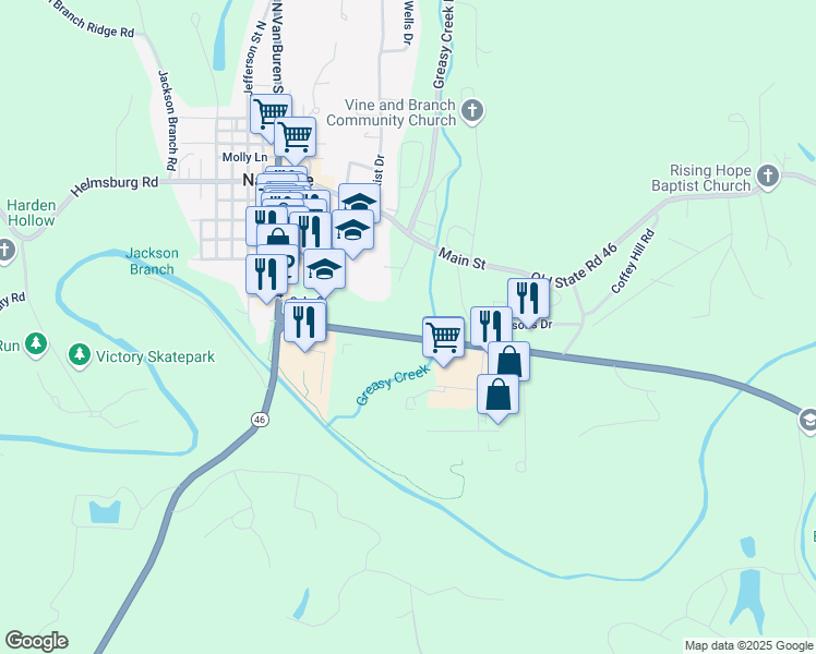 map of restaurants, bars, coffee shops, grocery stores, and more near 703 Indiana 46 in Nashville