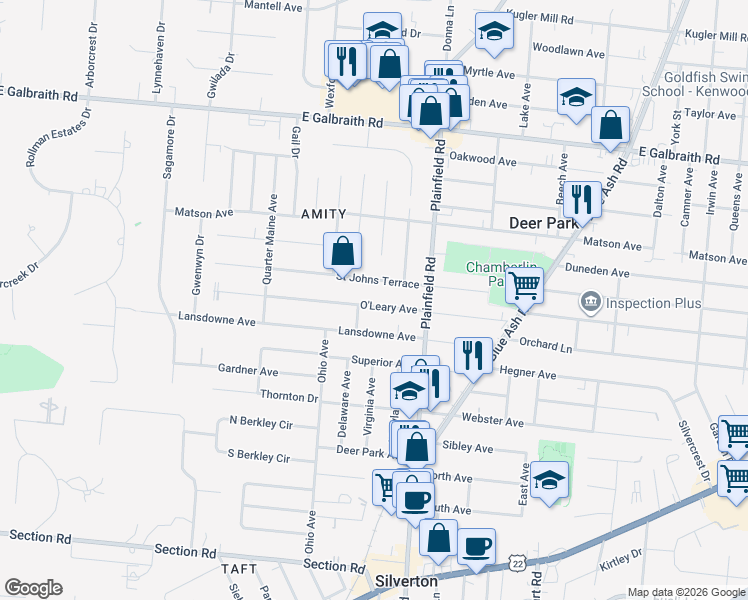 map of restaurants, bars, coffee shops, grocery stores, and more near 4017 O'Leary Avenue in Cincinnati