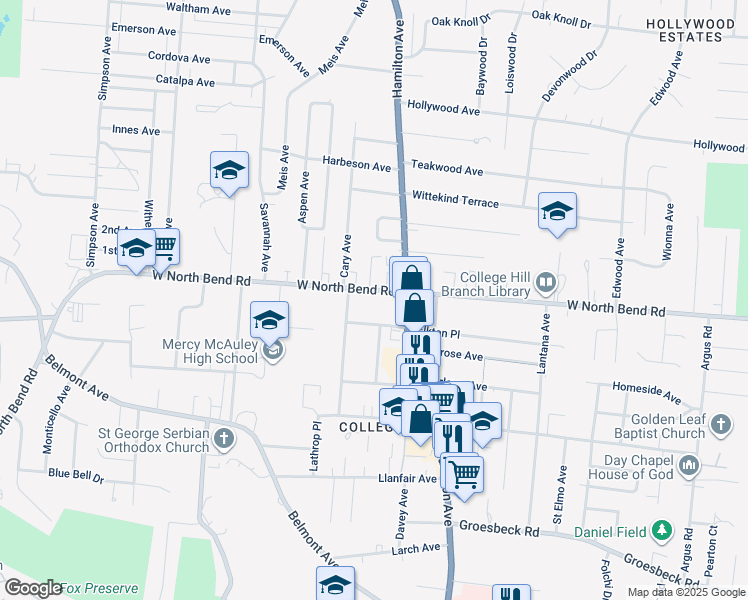 map of restaurants, bars, coffee shops, grocery stores, and more near 1637 West North Bend Road in Cincinnati