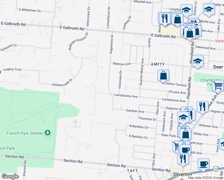 map of restaurants, bars, coffee shops, grocery stores, and more near 7624 Sagamore Drive in Cincinnati